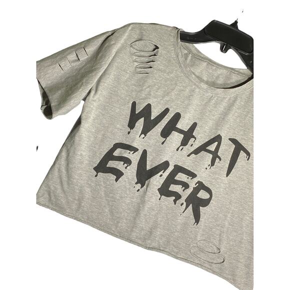 Shein Women L Gray Crop "What Ever" Spell Out Grunge Short Sleeve Lounge Tee - Picture 3 of 7